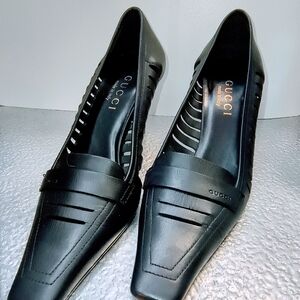 GUCCI Black Leather Laser Cut Square Toe Pumps, Size 35